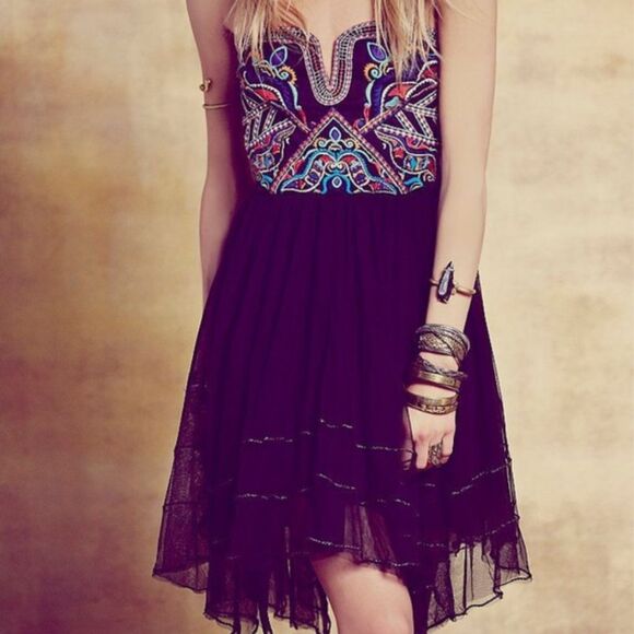 Free People Boho Bodice Mini Black Cocktail Dress - Women’s 6 - Picture 1 of 16